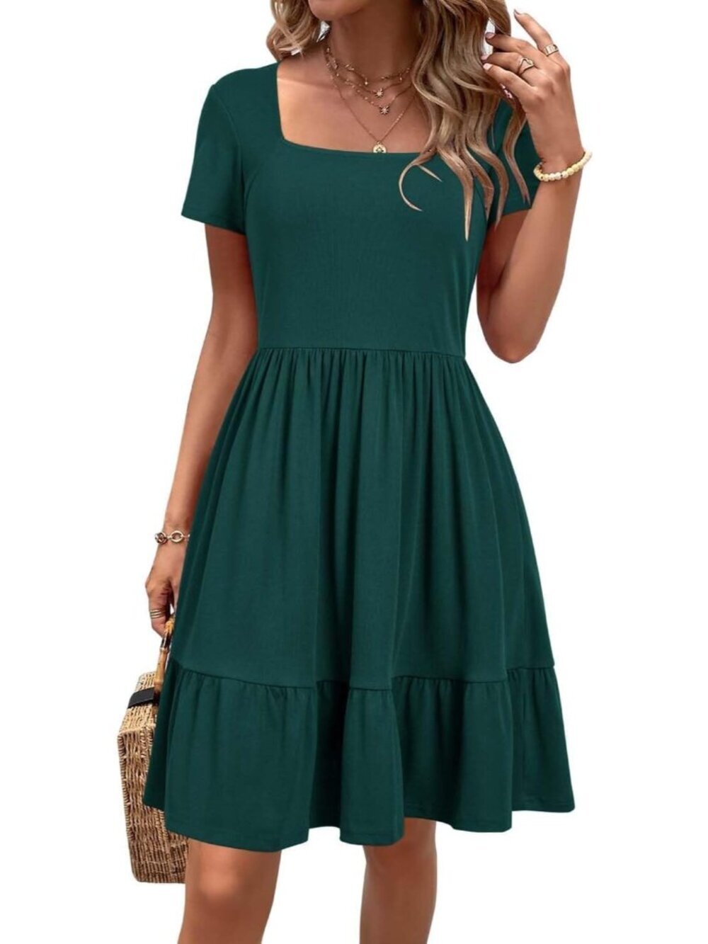 Women's Green Short Sleeve Square Neck Dresses Casual Beach Vacation Mini Dress